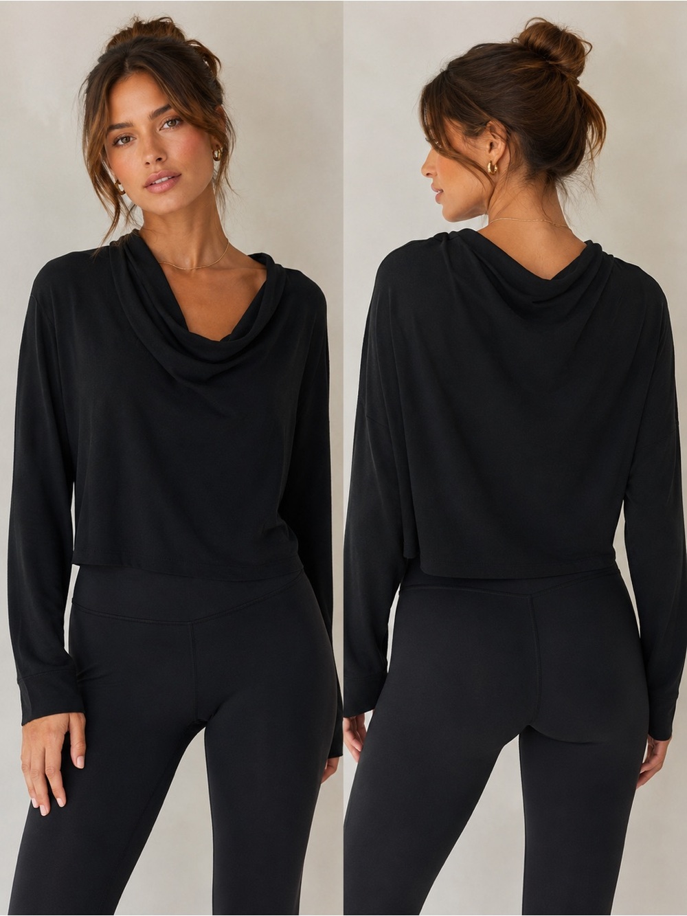 OAK + FORT Black Draped Cowl-Neck Long Sleeve Top